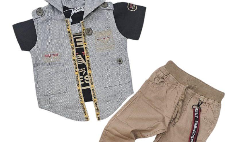 Babyboy Khaki Pant Tshirt and Hooded Vest Set