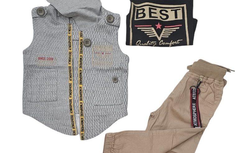 Babyboy Khaki Pant Tshirt and Hooded Vest Set