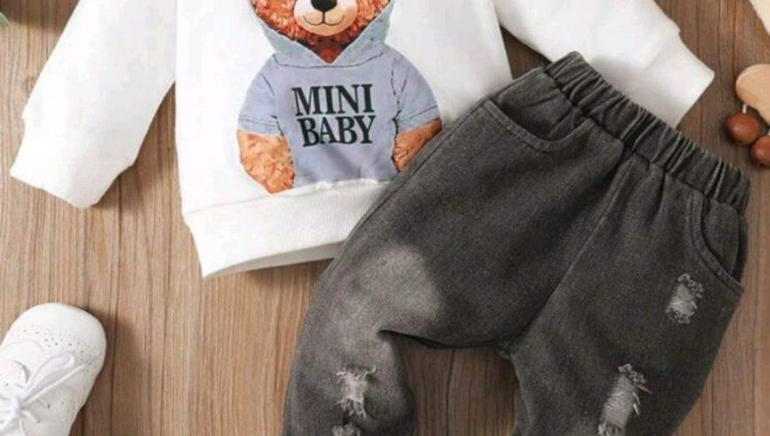 Baby Boy’s Bear Printed Long Sleeve Sweatshirt And Denim Pants Set