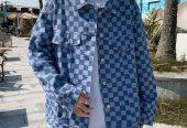 Patterned Checkered Denim Jacket