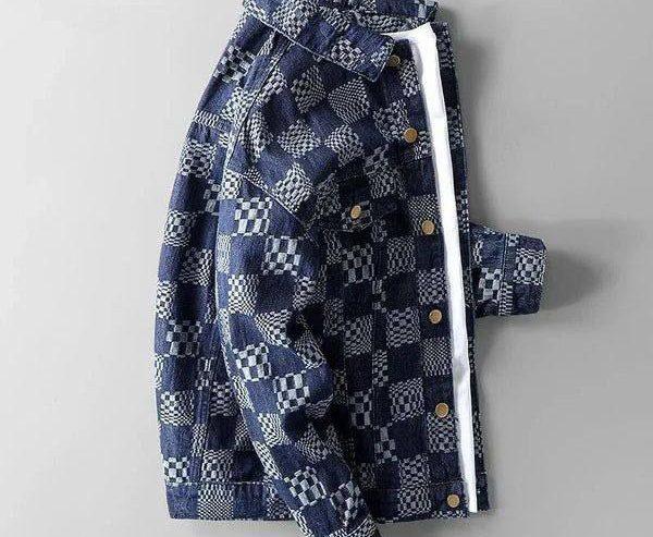 Patterned Checkered Denim Jacket