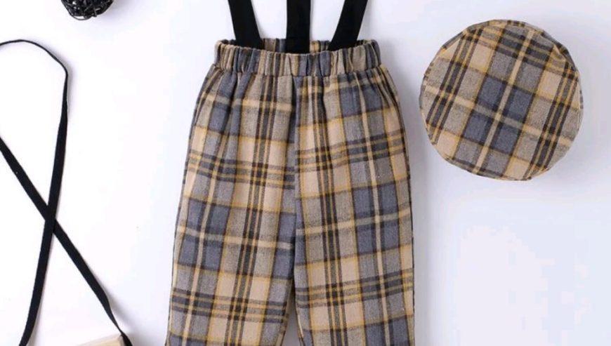 Toddler Boys Plaid Print Suspender Pants With Hat