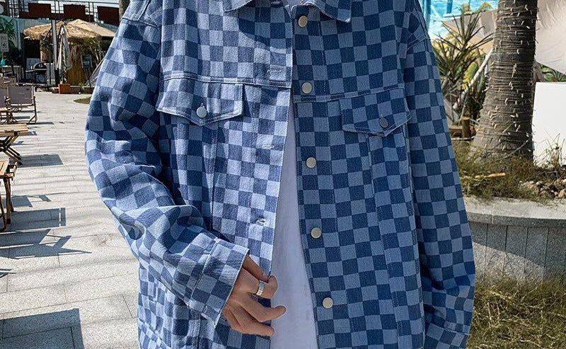 Patterned Checkered Denim Jacket