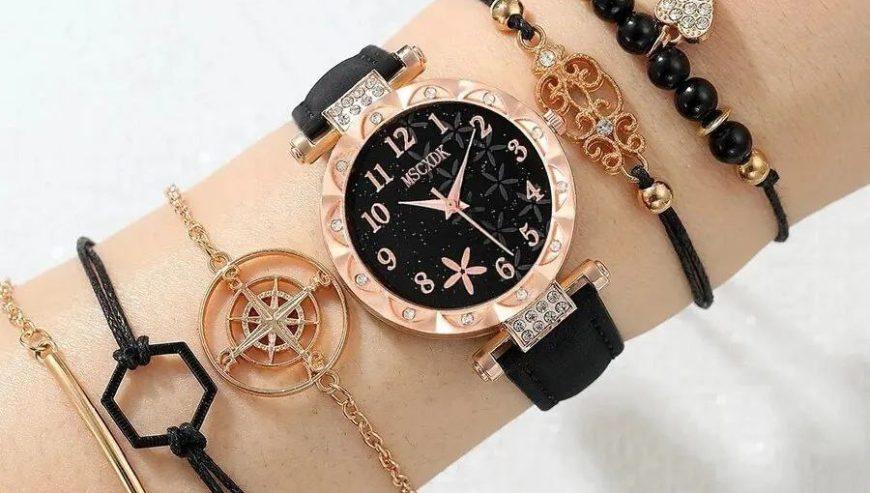 6pcs Black Flower Quartz Watch