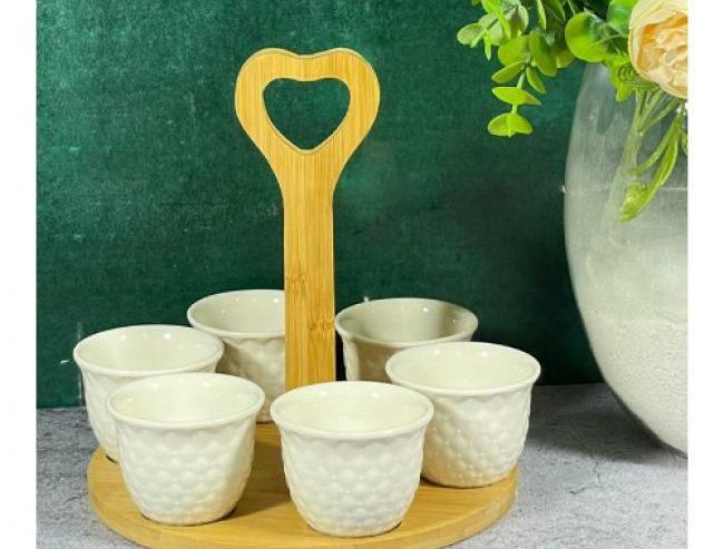 6PCS Ceramic Coffee Cup With Wood Stand