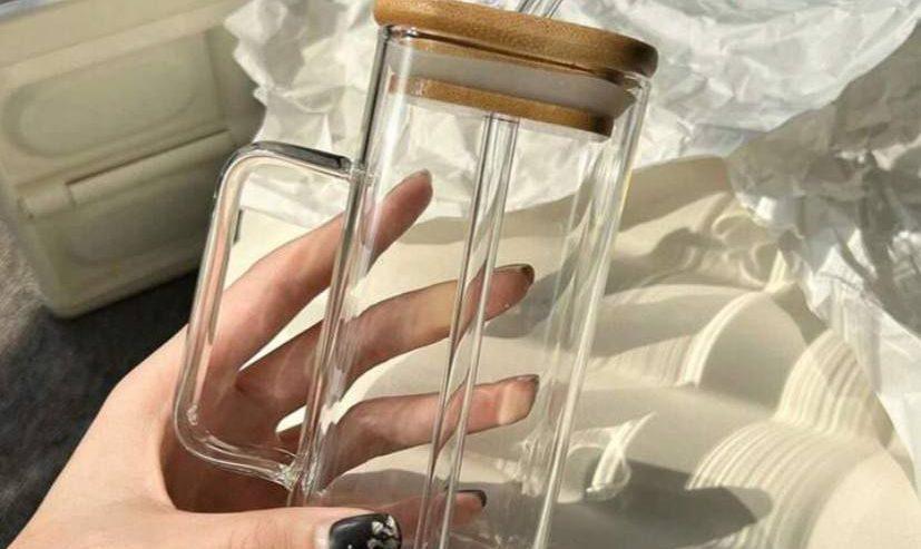 Glass Drinking Mug with Straw